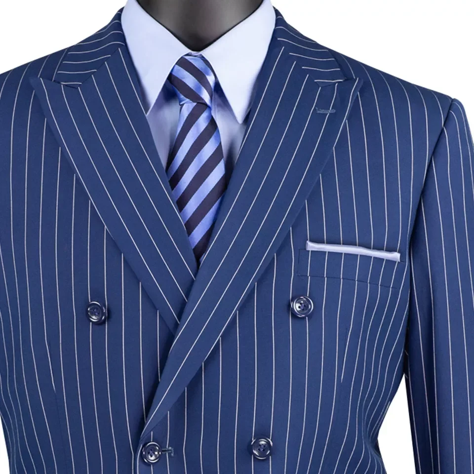 Business Men Suits Set 2 Piece Blazer Coat with Pants Royal Blue Stripes Double Braested Jacket Classic Style Customize