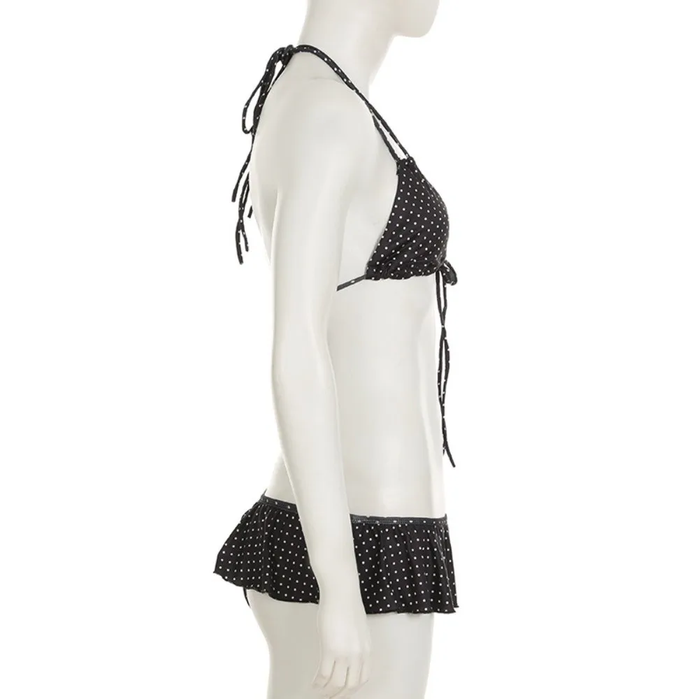 

Casual Ruffled Bikini Suit Lace Up Deep-V Swimwear Set Halter Neck Slim Fit Polka Dot Swimsuit Resort Wear