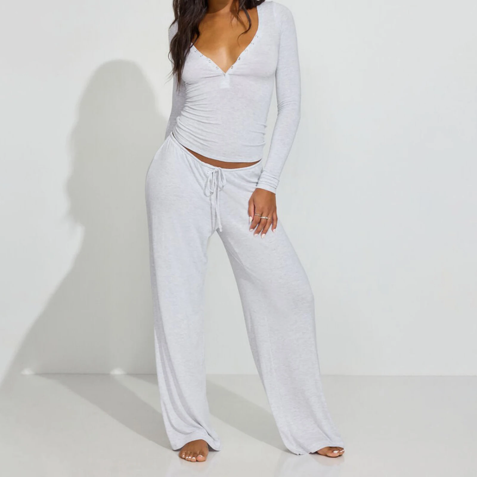 

2025 Women's Fall Pants Set Casual Solid Color Long Sleeve V Neck Slim Fit Tops with Wide Leg Pants 2 Pcs Outfits