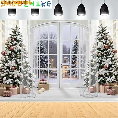 

Christmas Day New Year Party Photography Backdrops Prop Window Living Room Interior Xmas Tree Snow Theme Photo Background FN-76