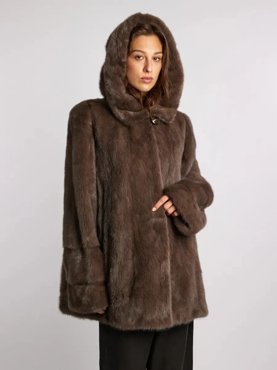 IG Women Brown Hooded Single Button Mid-Length Faux Fur Coat, Side Pockets, Winter Warm Vintage Elegant Commute Outerwear