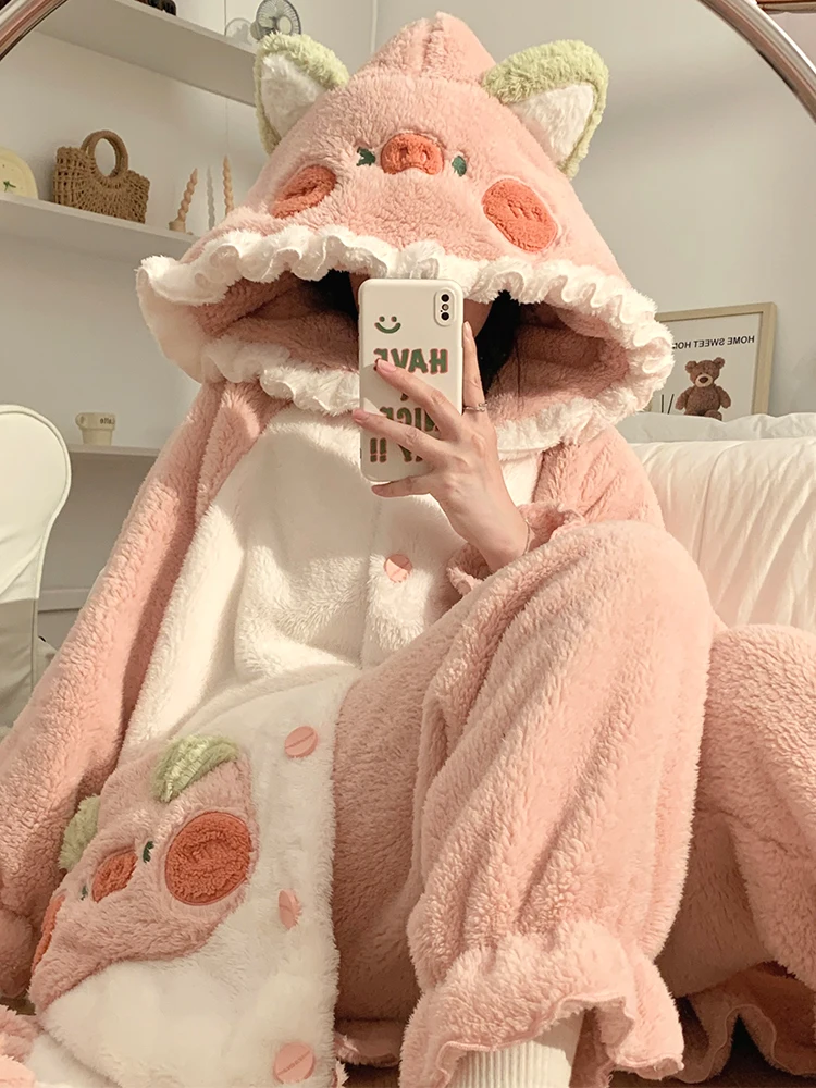 Pajamas Women\'s Autumn and Winter Thickened Warm Simple Cartoon Cute Loose Coral Fleece plus Velvet Bathrobe Hooded Tracksuit1Pc