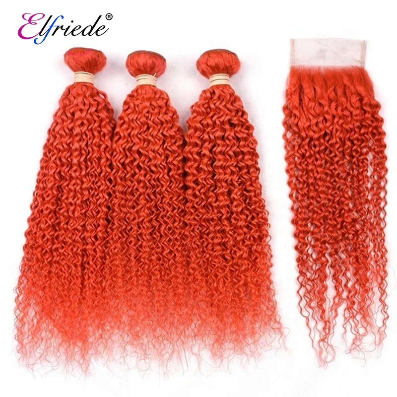 Elfriede Orange Red Kinky Curly Hair Bundles with Closure Brazilian Remy 100% Human Hair Weaves 3 Bundles with Lace Closure 4x4