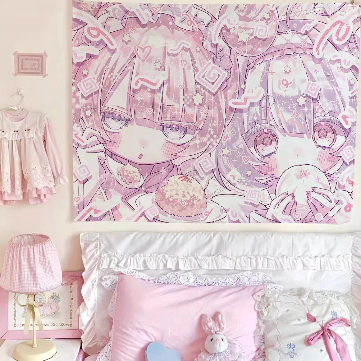 Instagrammable Photo Background, Kawaii Pink Anime Tapestry for Social Media Content Studio Decor