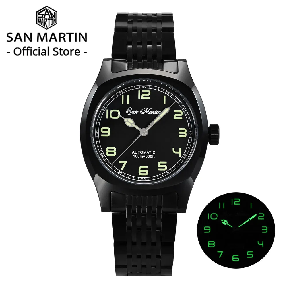 

Мужские часы San Martin 38 мм, черные, DLC, спортивные, винтажные, оригинальный дизайн, PT5000 SW200, автоматические механические часы, сапфировое стекло, SN0026