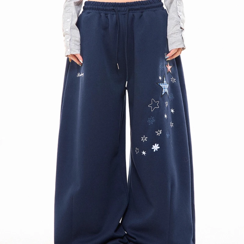 الأمريكية الرجعية تصميم منقوشة ستار التطريز الرباط المرأة عارضة السراويل الخريف جديد فضفاض تنوعا واسعة الساق السراويل للنساء #5