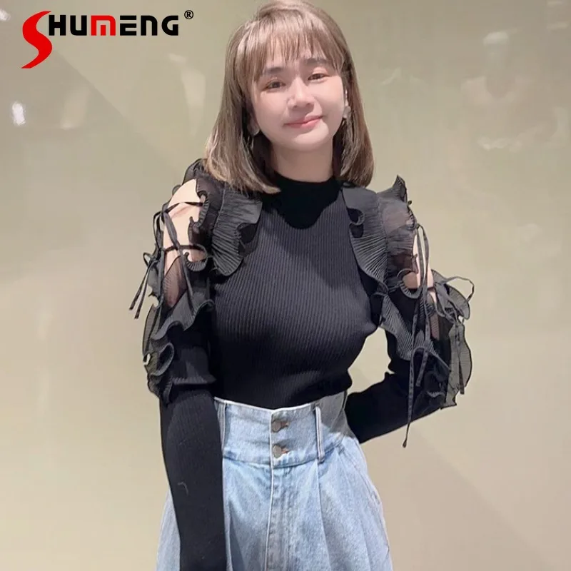 2024 Autumn New Women's Clothes Slim Fit Blue Knitwear Sweet Solid Color Crew Neck Fungus Edge Lace-up Knitted Sweater Top Mujer