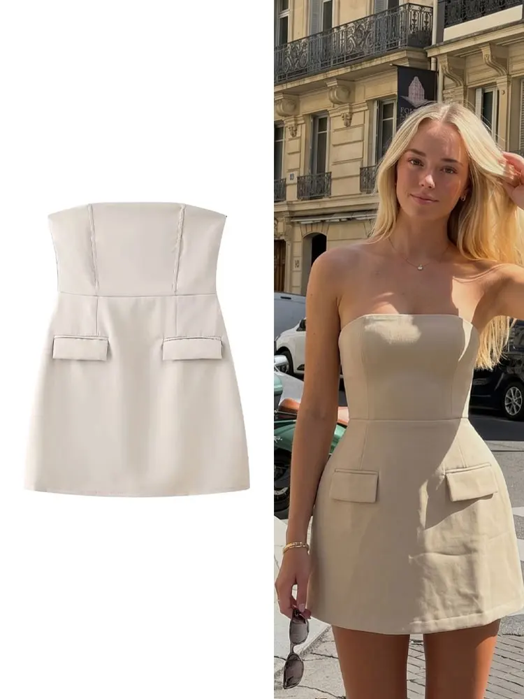 HH Damen Eleganter Minirock 2026 Sommer Ärmelloses Tube-Top Khaki A-Linien-Kleid Lässiges Urlaubskleid Weibliche Streetwear