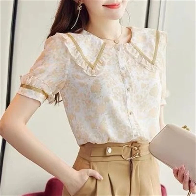 Woman Spring Summer Style Blouses Shirts Girls Cute Short Puff Sleeve Peter Pan Collar Blusas Tops G2635