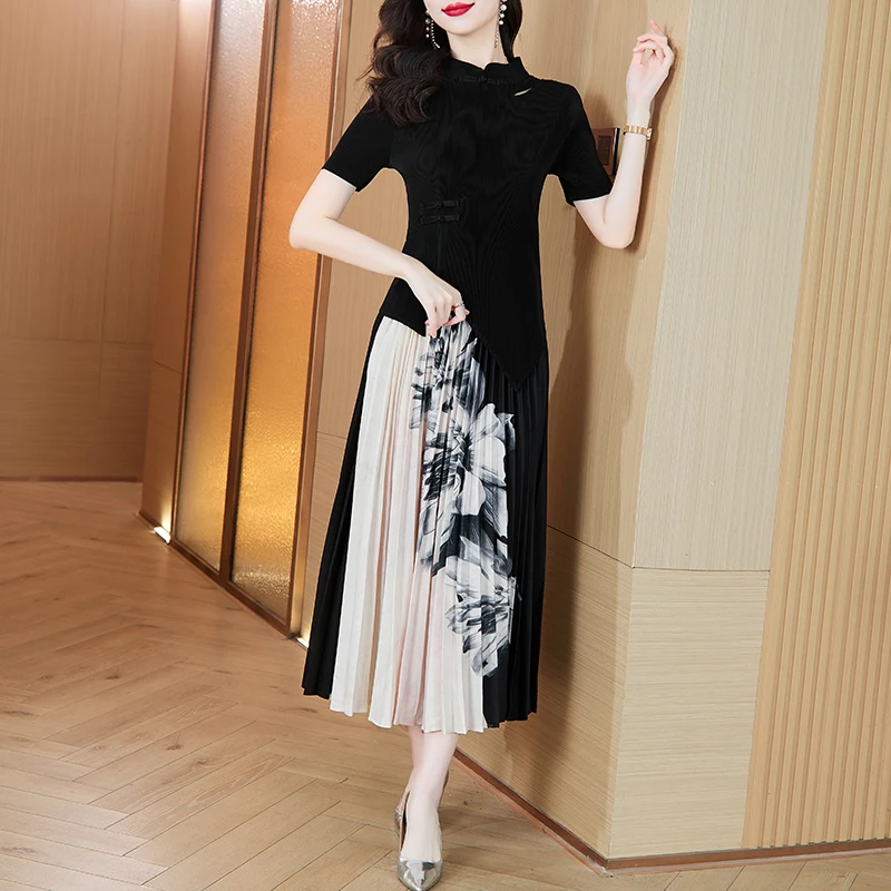 Ele Chinese Sle Stand Kraag T-top en rokset Dames Slim Fit Geplooide print Tweedelige outfit Polyester ort Sl...