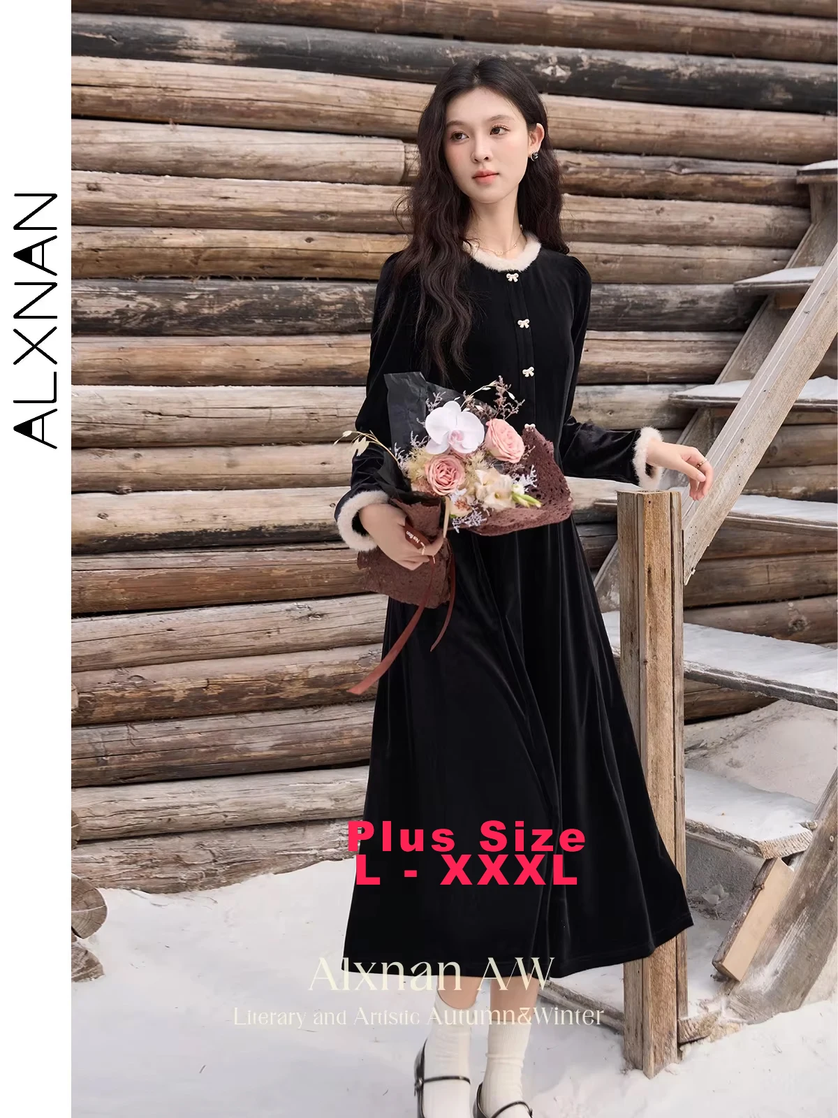 

ALXNAN Winter Velvet Plus Size Midi Dress for Women Patchwork O-neck Bow Button Long Sleeve Dresses Female Clothing 2024 D08613
