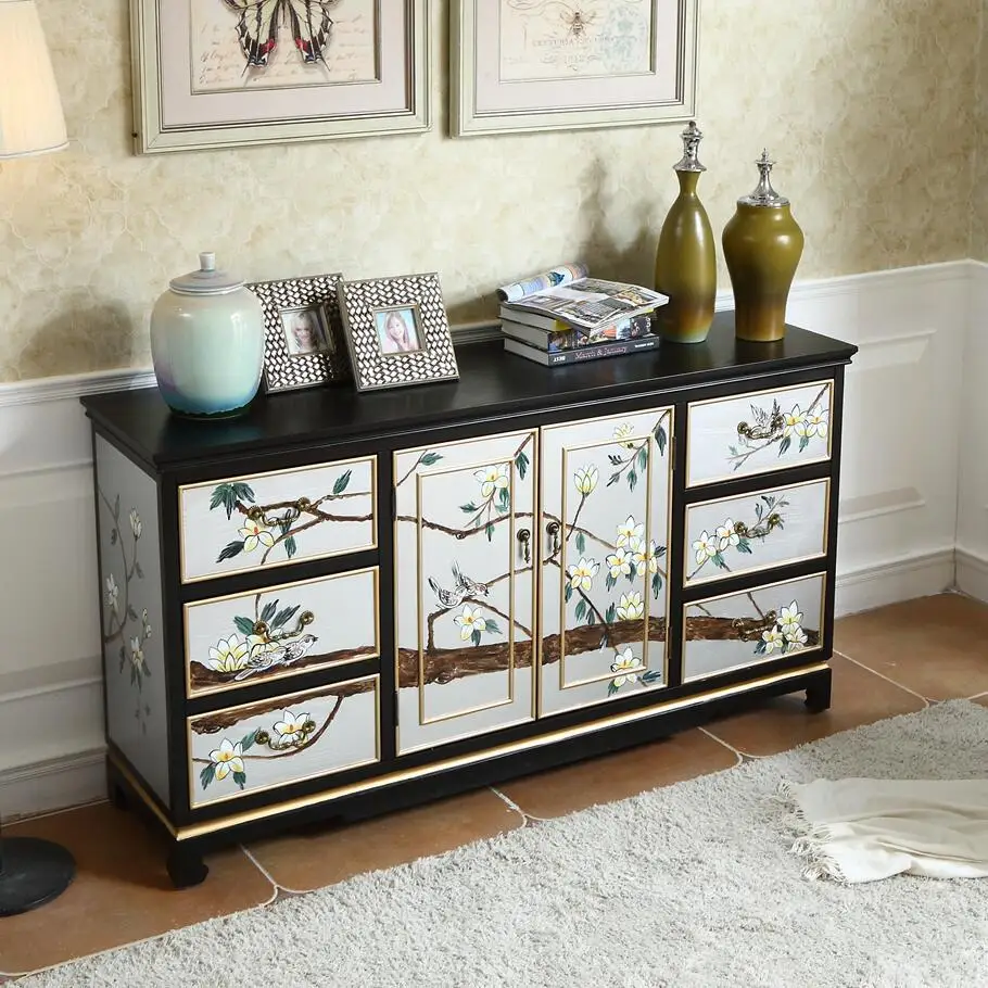 Solid wood painted furniture, European-style sideboard, six-drawer two-door hotel decoration cabinet, partition