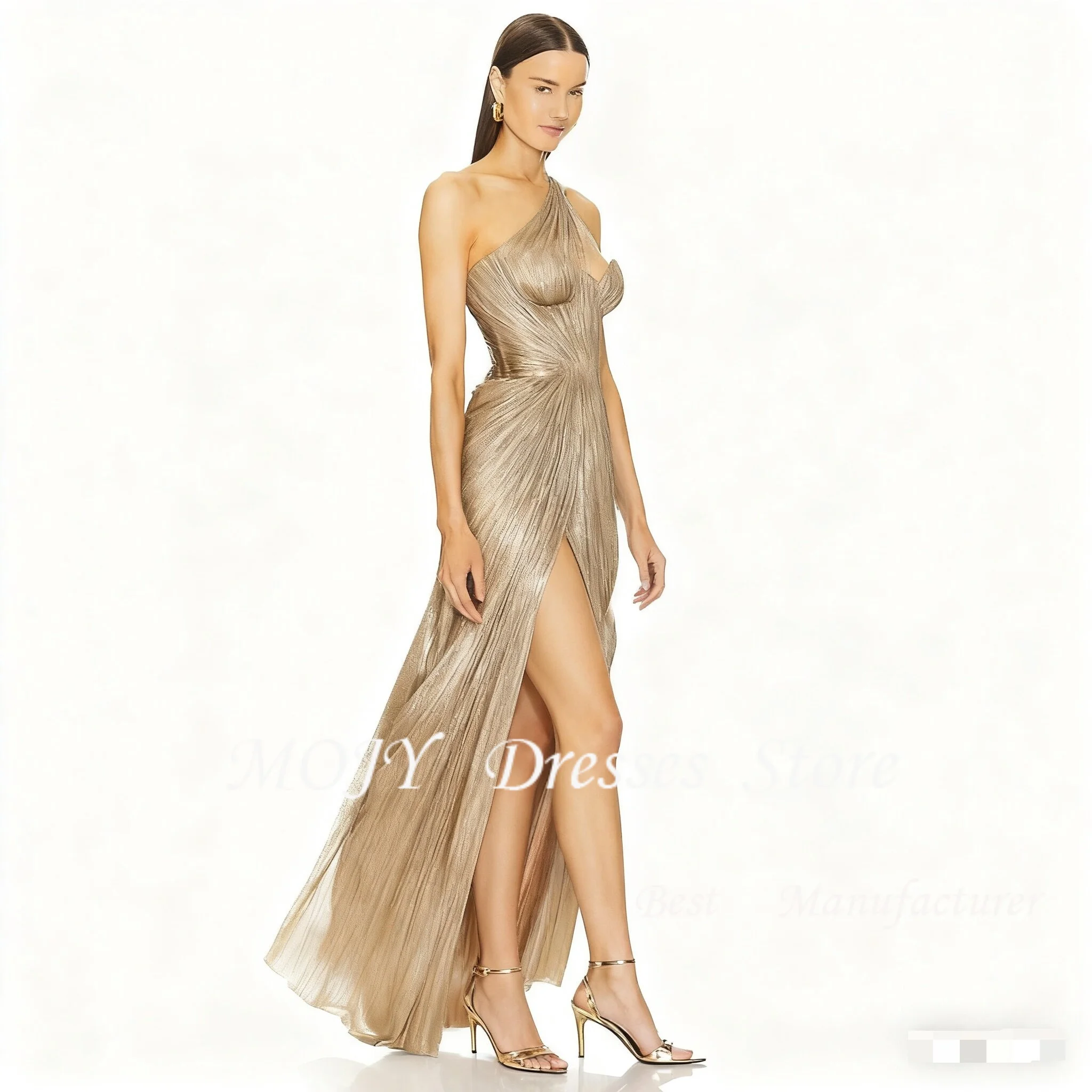 

Mojy Strapless Evening Dresses 2025 Sleeveless A-Line Backless Side Split Evening Dress Pleated Wedding Party Dresses Customized