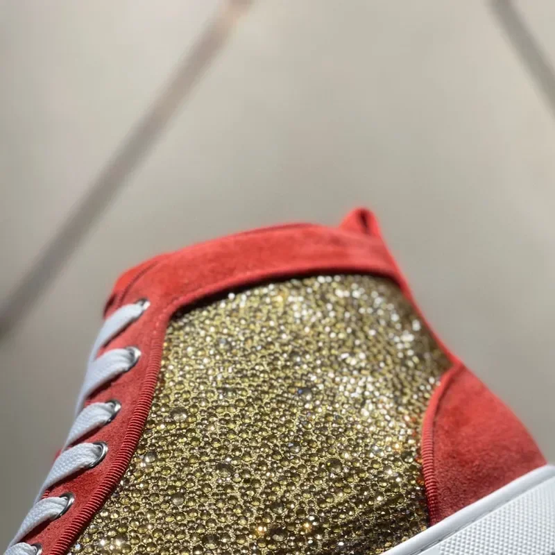 Fashion Brand High Top Red Bottom Shoes For Men Luxury Trainers Driving Spiked All Crystal Rivets Suede Genuine Leather