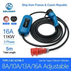 Kolanky Portable EV Charger 11KW 3P Type 2 IEC-62169 Adjust Current Timer Charging For EU Hybrid Eletric Vehicle Cars 5M Cable