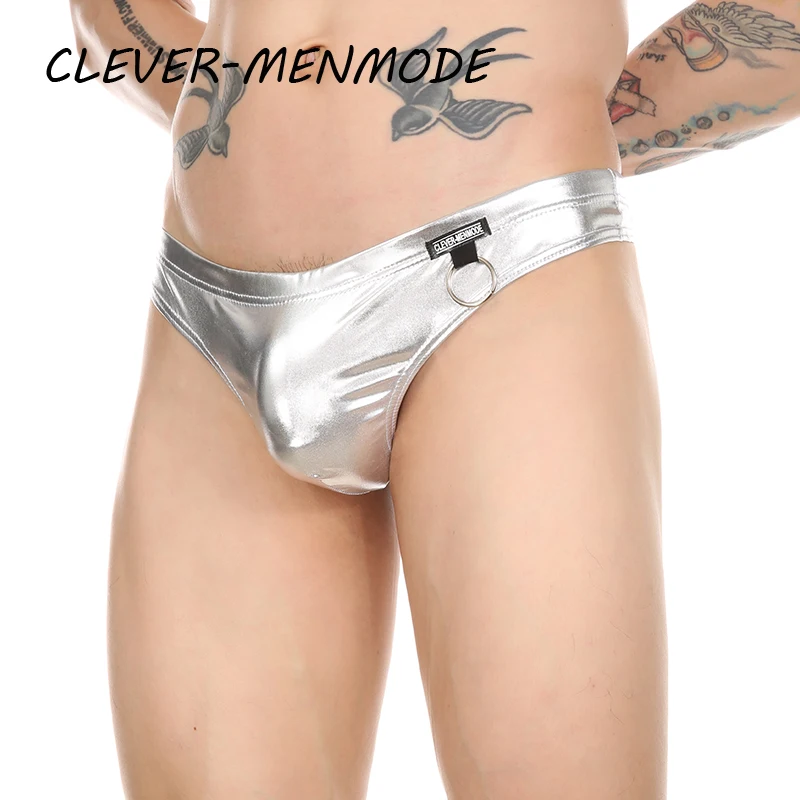 CLEVER-MENMODE Men\'s Sexy Soft Seamless Penis Bag Panties PU Elastic Thong Metal Ring Decorative Underwear Men G-string Mankini