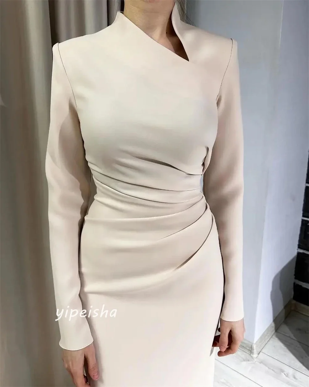 Jiayigong Exquisite	Fashion Satin Pleat Engagement Sheath High Collar Bespoke Occasion Gown Midi Dress