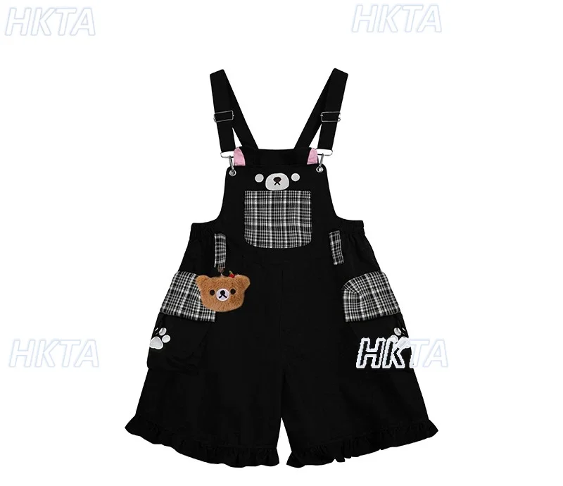 Japanese Cute Cartoon Embroidered Plaid Pocket Straps Shorts Girl Summer College Sweet Ruffle Loose Jumpsuit Shorts Women