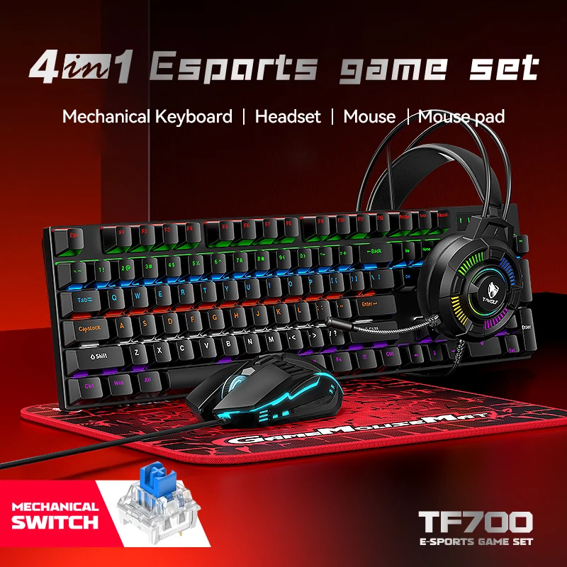 Wired Esport Game Mechanical 4IN1 Keyboard Mouse Headset Mousepad Set Green Switch Keyboard Combos For Desktop