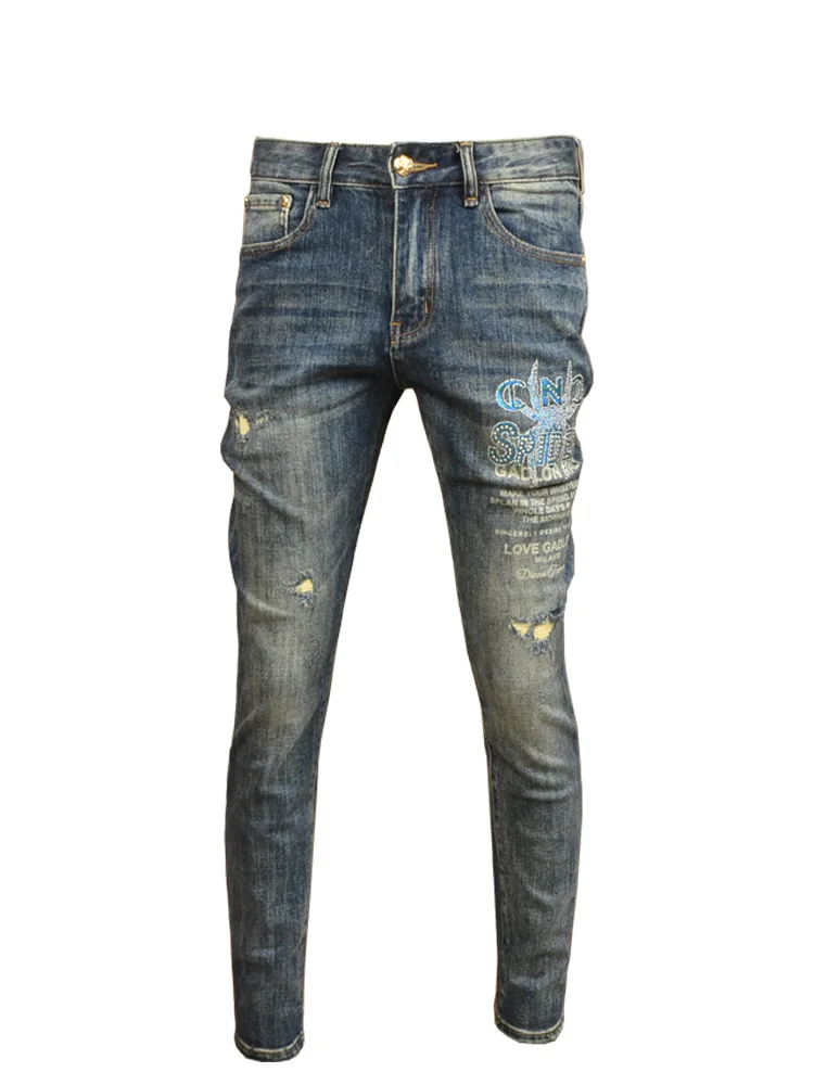 Retro Tattered Jeans Jeans Men's Affordable Luxury Fashion Stretch Slim Fit Feet High-End Printed Washed Casual Men's Trousers