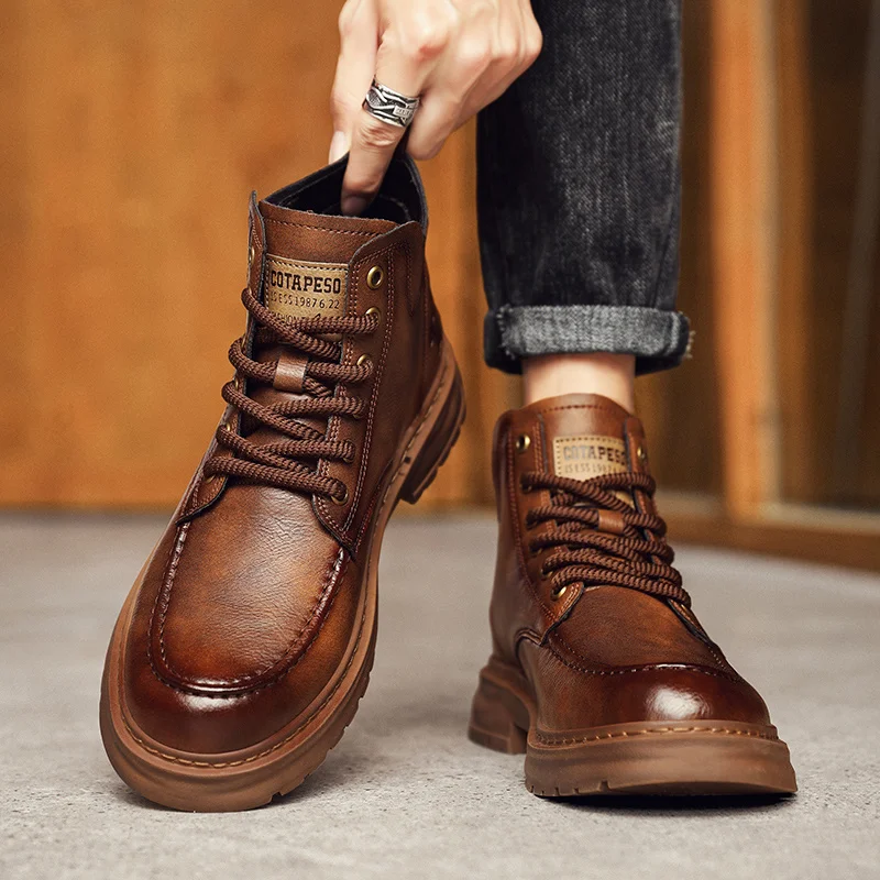 

Лидер продаж, классические коричневые ботинки для мужчин, удобные рабочие ботинки на платформе, мужские модные мотоциклетные ботинки, мужские ботильоны botas para hombre