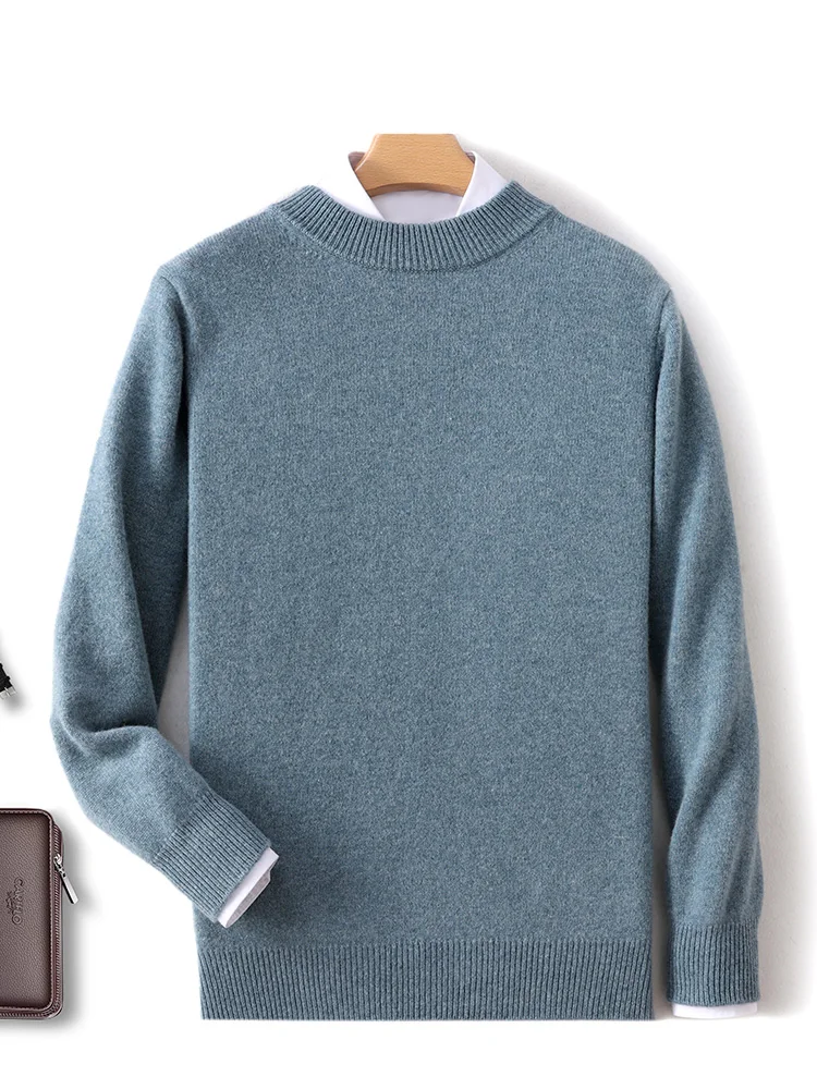 100% Merino Wool Men's Semi High Neck Thickened Autumn Winter Base Sweater Casual Knit Sweater