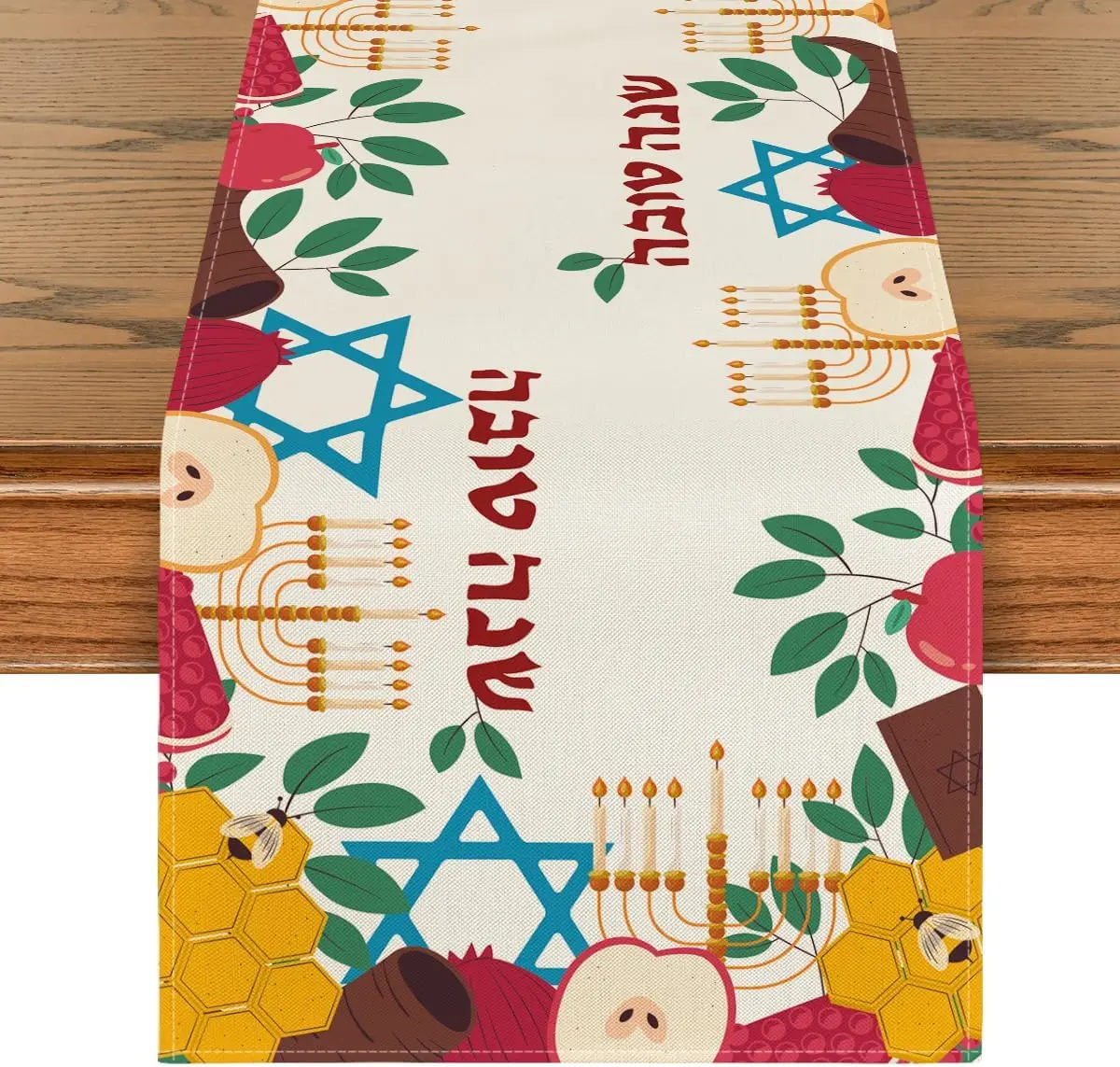 Rosh Hashana Linen Table Runner Jewish New Year Decorations Shana Tova Menorah Hexagram Pomegranate Table Runners Table Decor