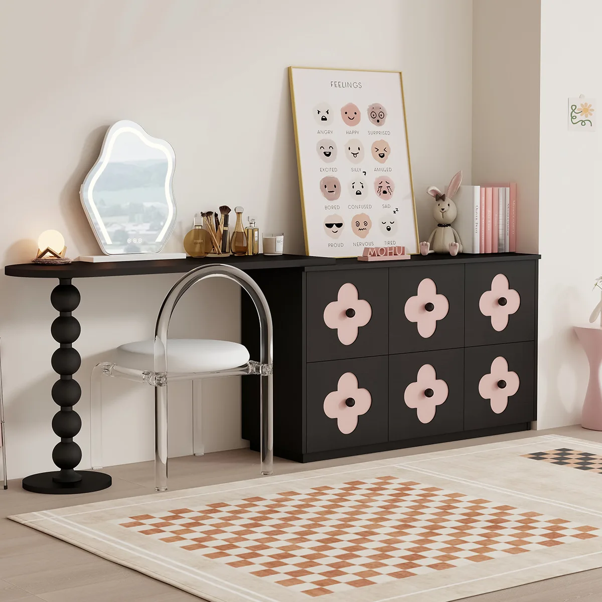 7-Shaped Book Corner Table Bedroom Light Luxury Corner Desk with Drawer Dressing Table