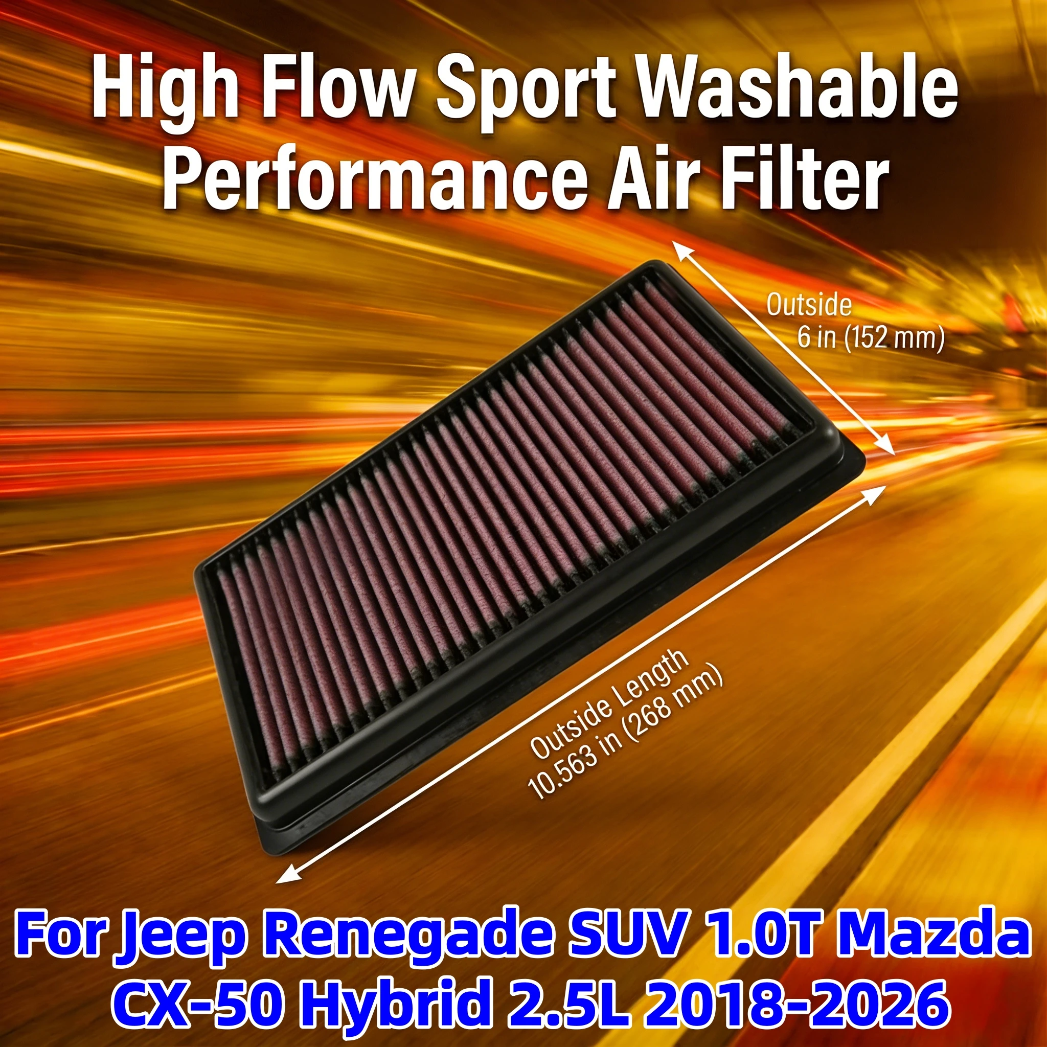 

Высокопроизводительный моющийся спортивный воздушный фильтр для Jeep Renegade SUV 1.0T и Mazda CX-50 Hybrid 2.5L (2018-2026)