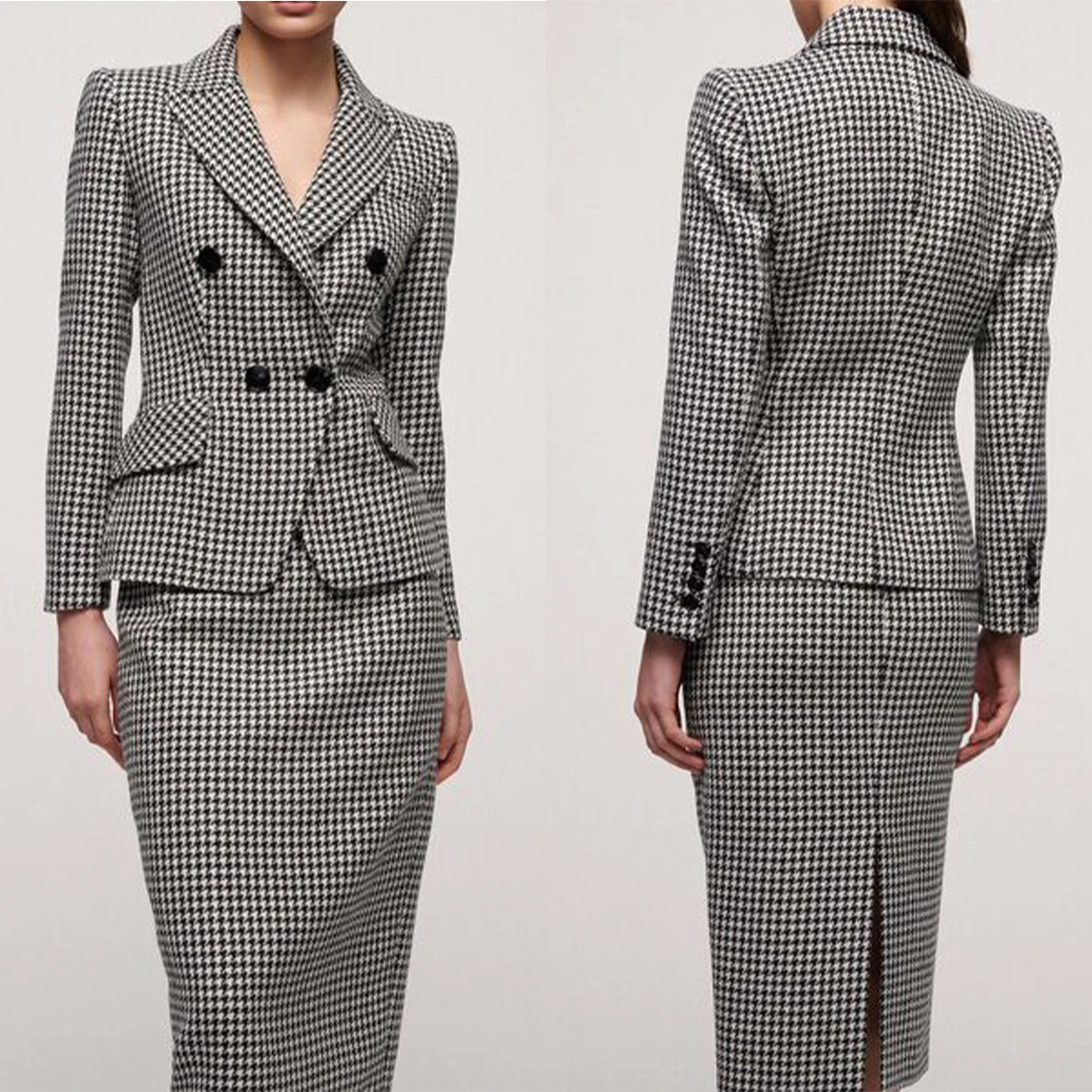 Houndstooth Women Skirt Suits 2 Pcs Office Lady Vintage Blazer Suits Customized Formal Wear Business Evenings Show Party Outfit