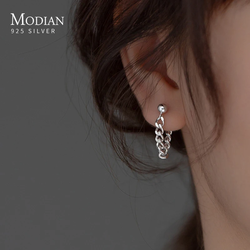 MODIAN 100% 925 Sterling Silver Thick Link Lock Chain Stud Earrings For Women Men Punk Hip Pop Unisex Fashion Jewelry