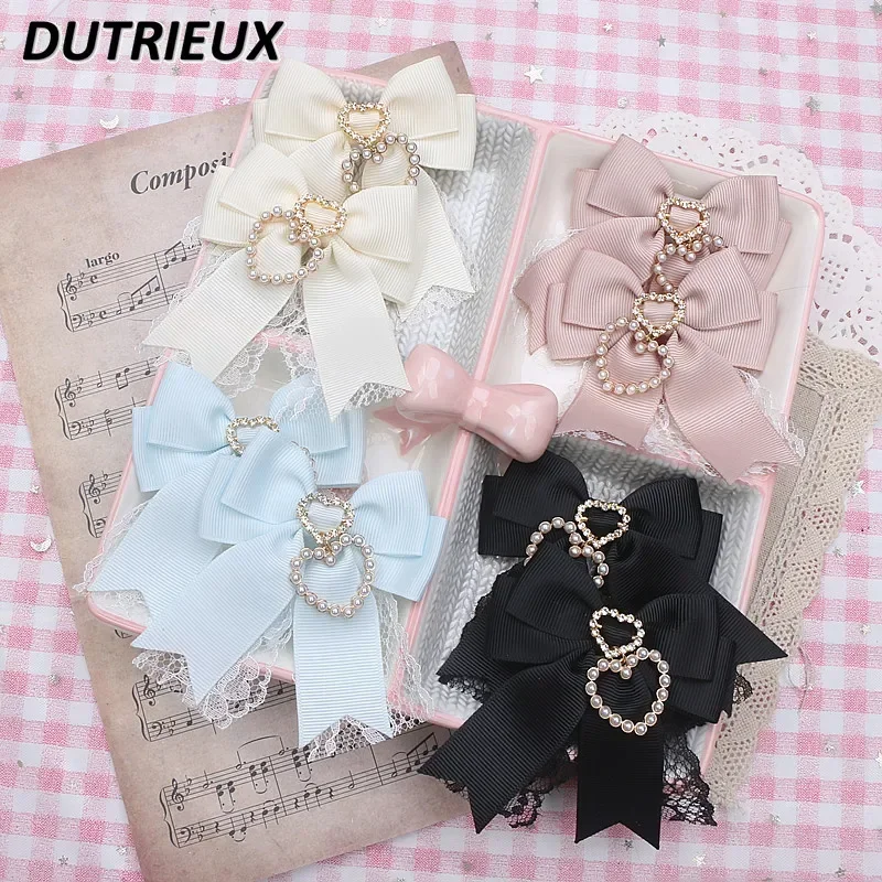 Japanese Style Handmade Sweet Lady Cute Lace Hair Accessories Kawaii Love Pearl Pendant Bow A Pair of Hairclips Barrettes