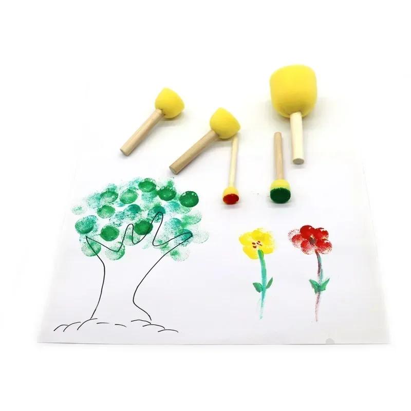 Brosse en mousse éponge avec manche en bois pour enfants, peinture d'art, matériaux de jouet de bricolage, 4 pièces par ensemble, 5 pièces par ensemble