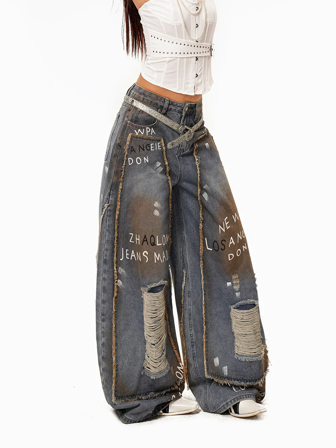 Retro Graffiti Oversize Ripped Denim Jeans Women's Wasteland Style Faded Wide Leg Knife  Pants High Waist Commute Style