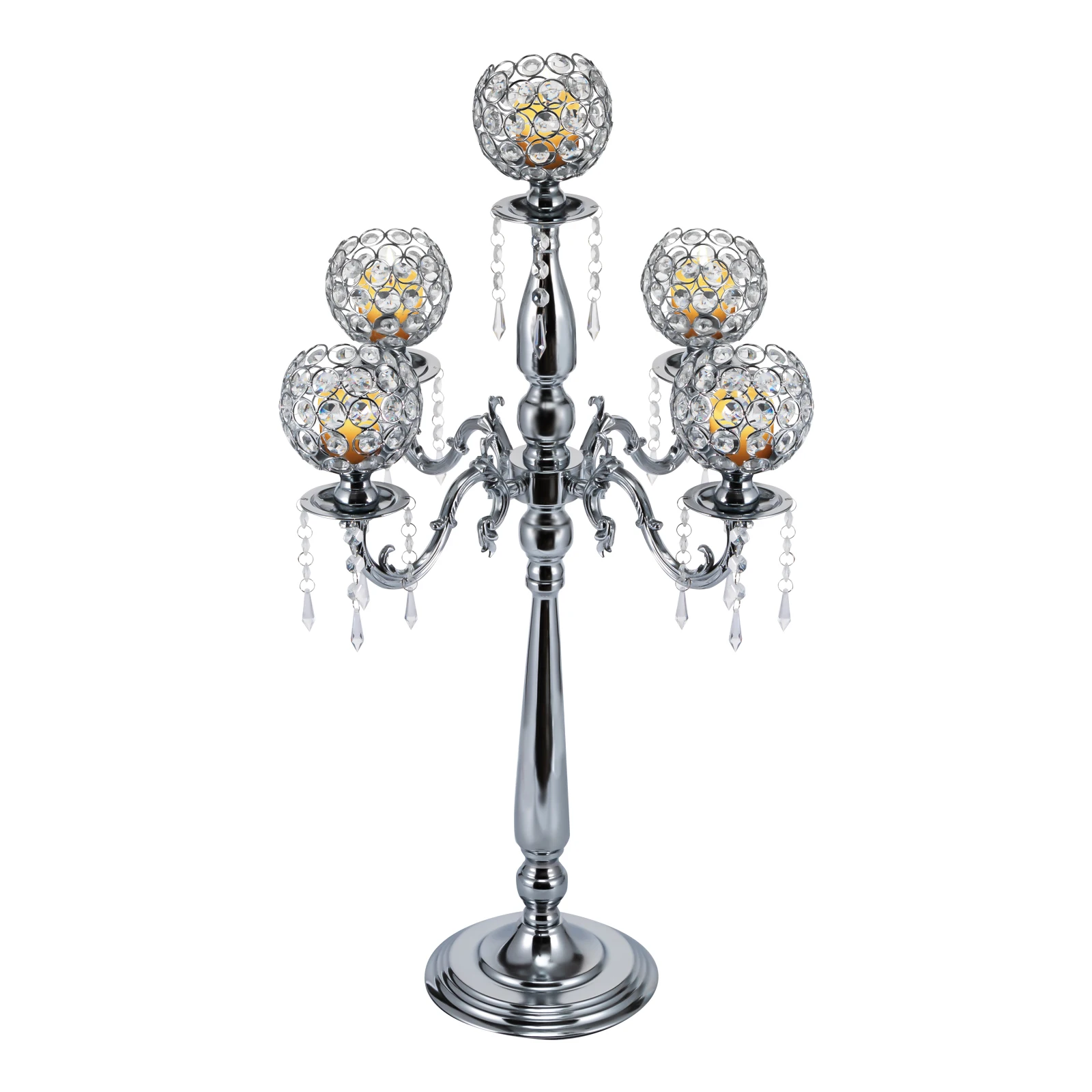 5 Arms Tall Floor Candelabra/Crystal Candlestick Holders for Wedding Ceterpieces Dinner Table Decoration Silver