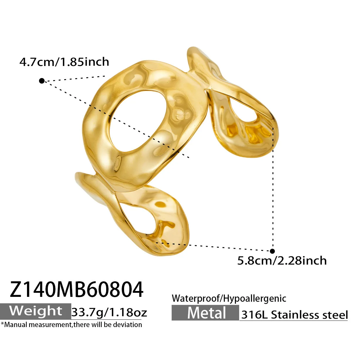 316L Edelstahl-Armreifen, Hohler Breiter Armreif, 18k Vergoldet, Massive Offene Armbänder, Strukturiertes Manschettenarmband für Damen – Detail 6