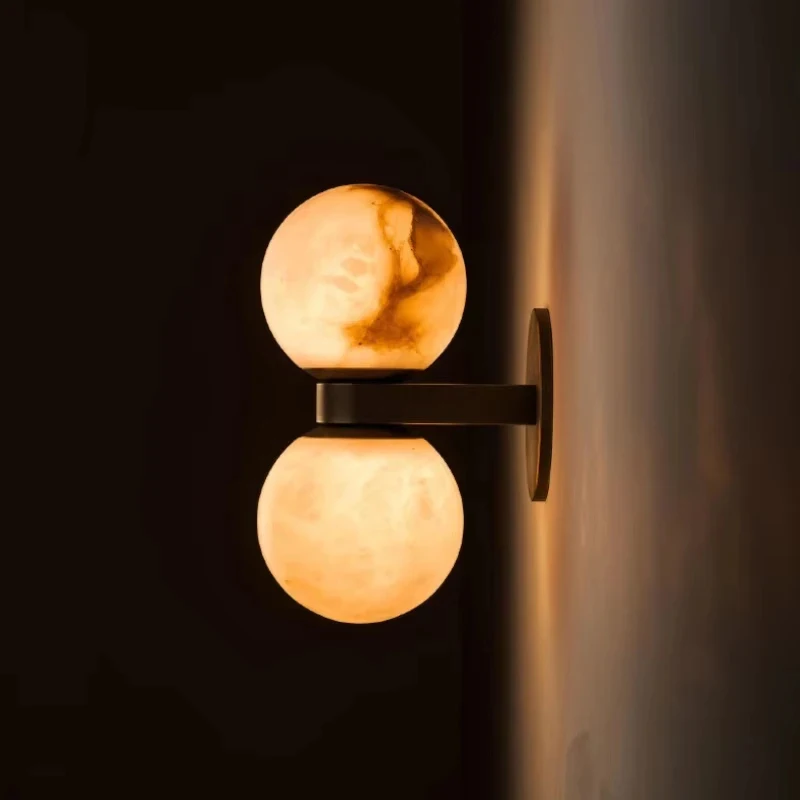 Modern Natural Double Globe Wall Sconce with Black Base for Bedroom Living Room Hallway