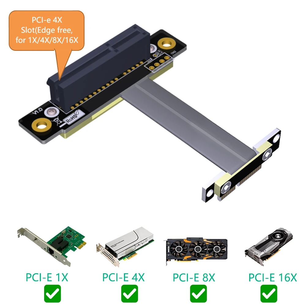 

A95Q-PCI Express 4X To 1X Extension Cable 8Gbps PCI-E 1X To 4X Riser Extender Dual Vertical 90 Degrees Ribbon Cable