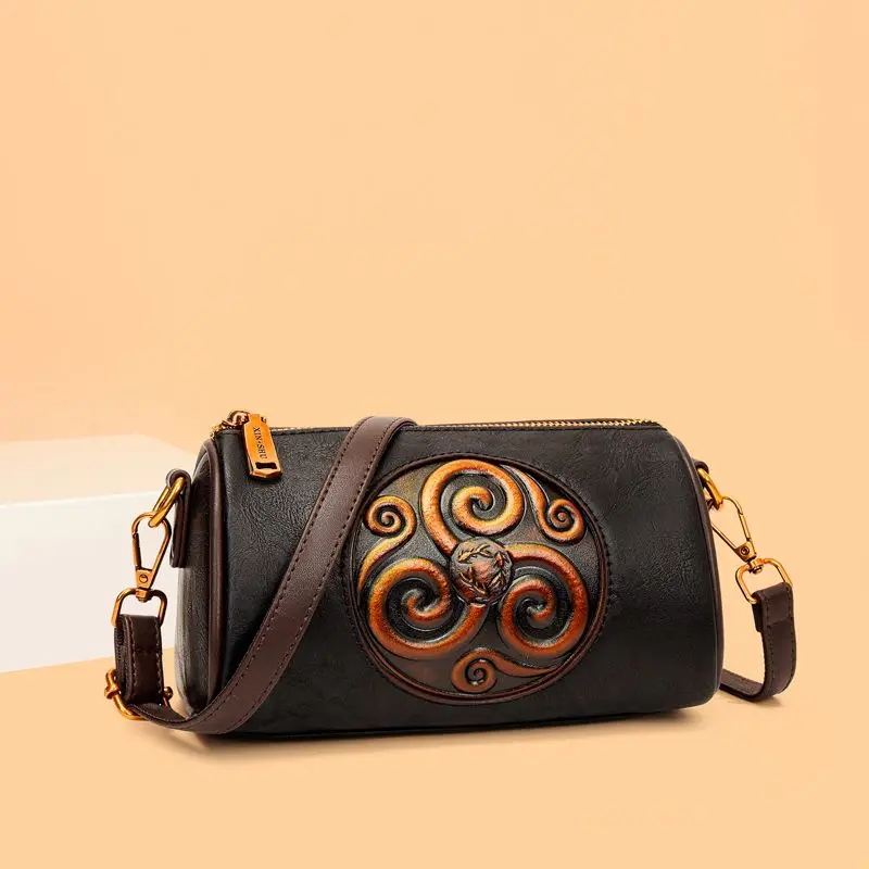 

Кожаная цилиндрическая упаковка с тиснением для женщин, новинка 2025, универсальная элегантная сумка через плечо на одно плечо в китайском стиле, сумка-подушка