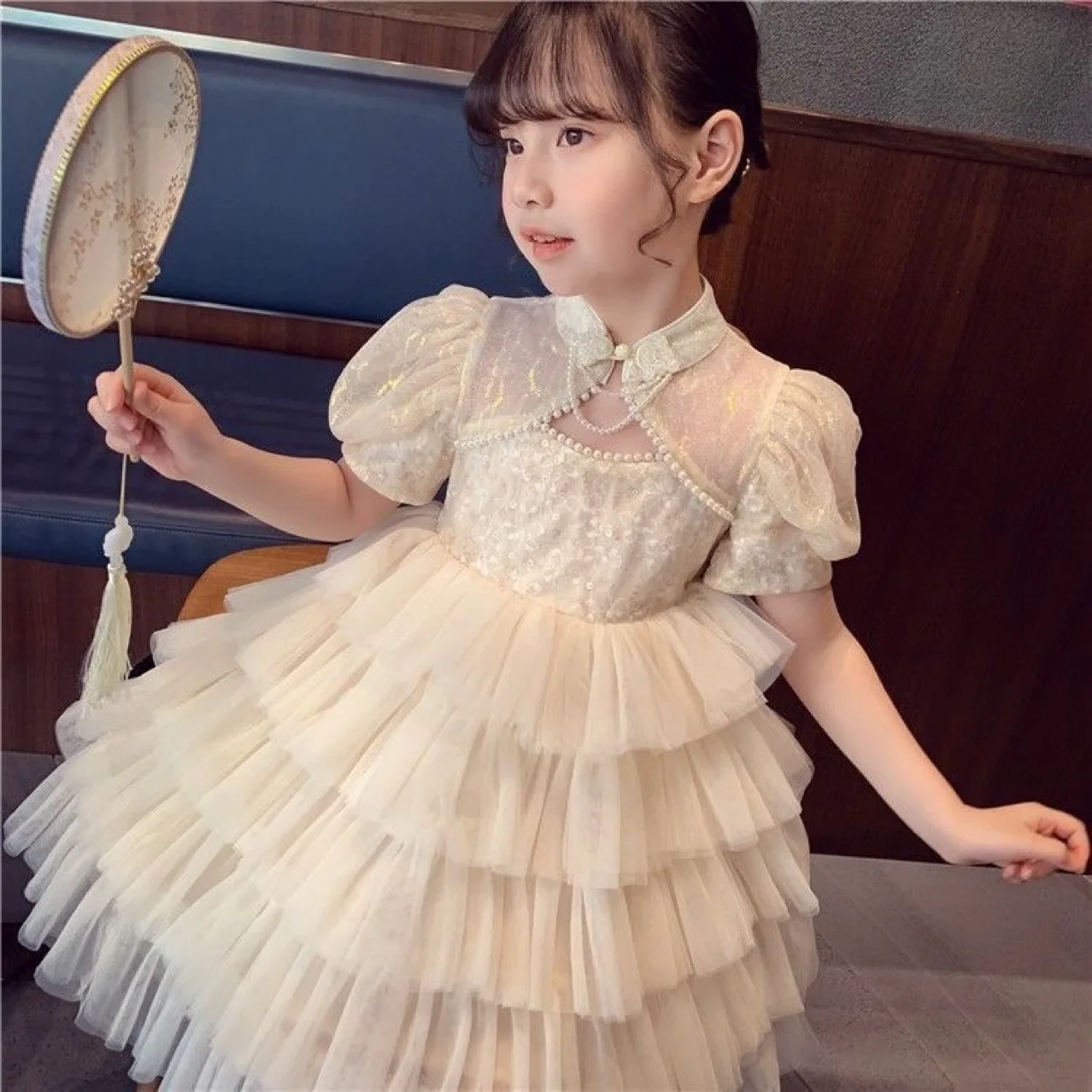 

2024 Summer New Girl's Dress White Pure Cotton Chinese Style Cake Dress Bubble Sleeves Mesh Elegant and dignified Princess Dress