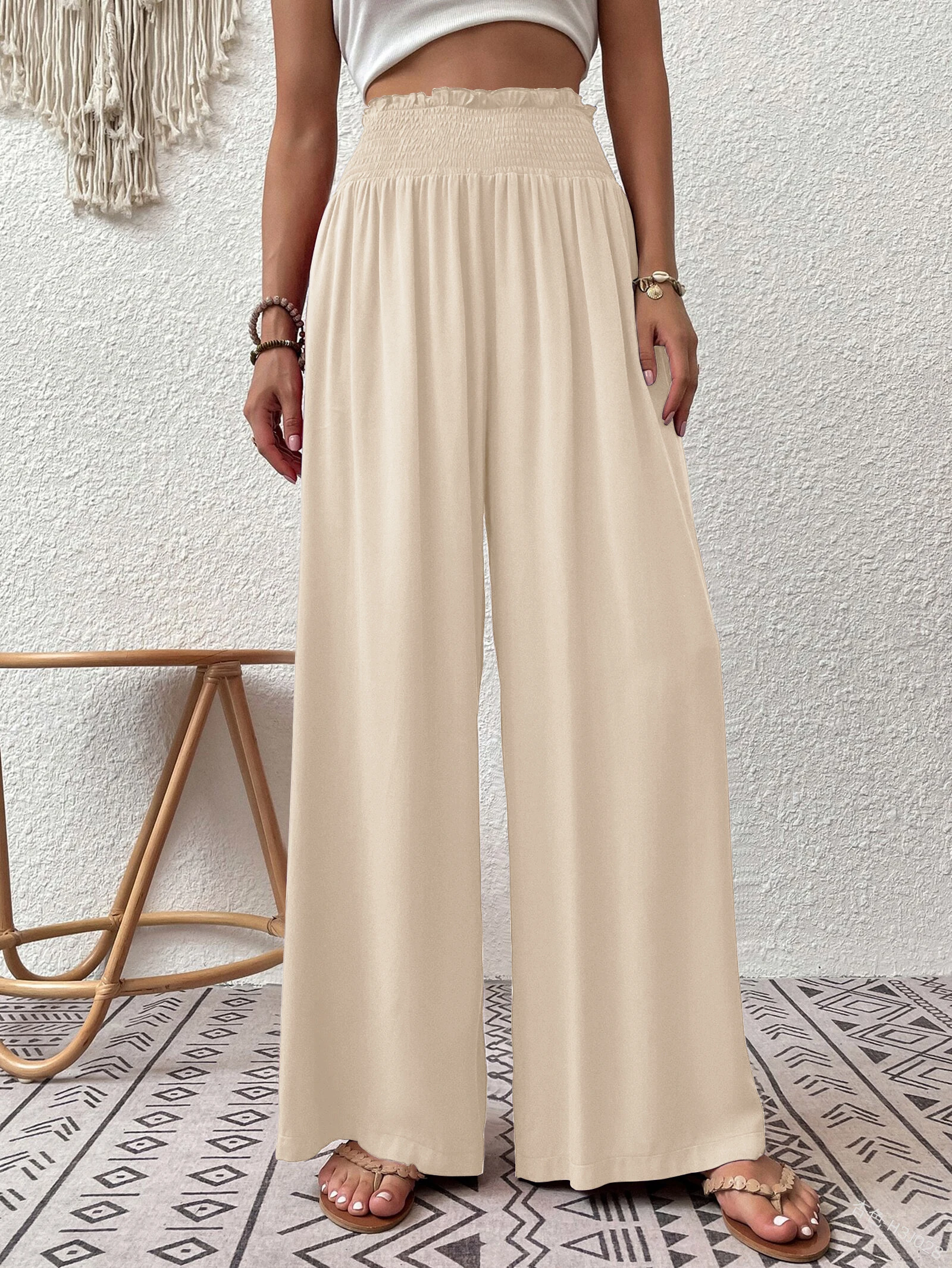 High Waist Loose Casual Wide Leg Pants For Women Elastic Waist Summer Flowy Lounge Pants Leisure Fashion Trousers With Pockets