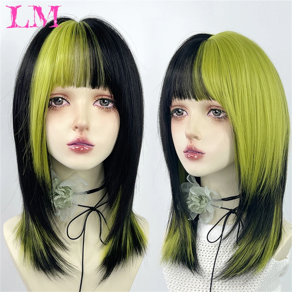 LM Short Straight Green Black Synthetic Wigs with Bangs Natural Blunt Cut Hair Wig for White Women Daily Heat Resistant