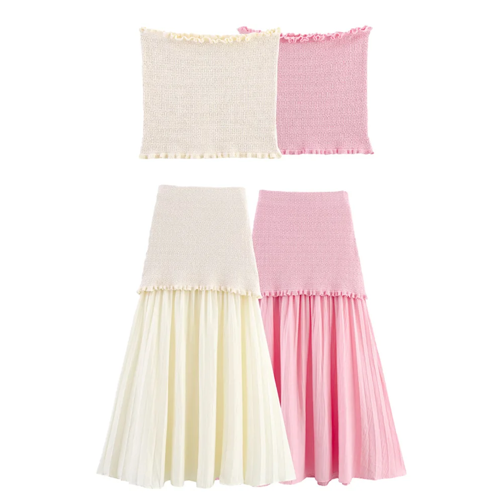 

Taop&Za женский вязаный топ с открытыми плечами и прямым вырезом с небольшими складками в стиле пэчворк, новая летняя юбка А-силуэта с высокой талией