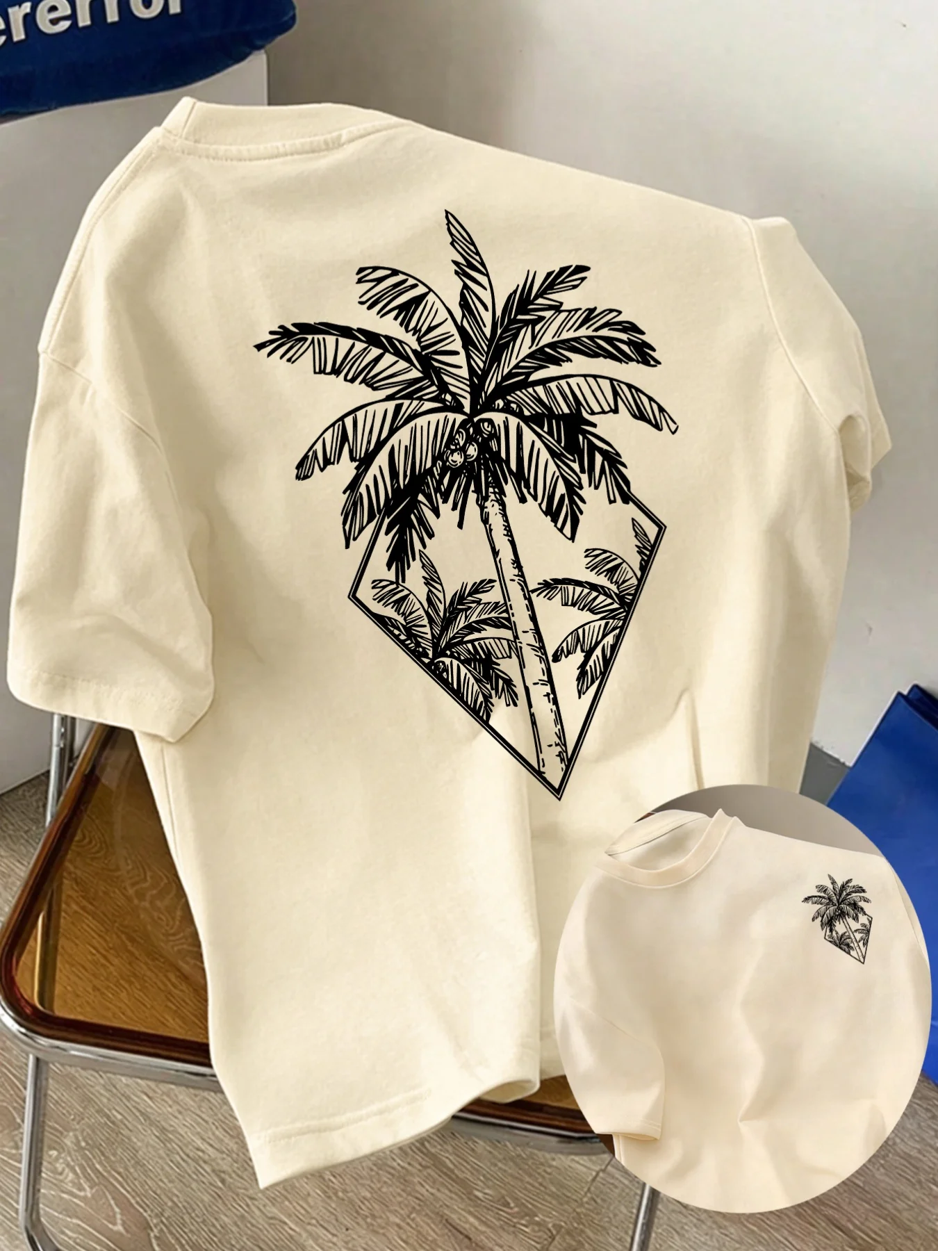 Men's Adult T-shirt, Breathable, 100% Pure Cotton, Tropical Palm Tree Print, Summer Loose-Fitting Casual and Fashionable T-shirt