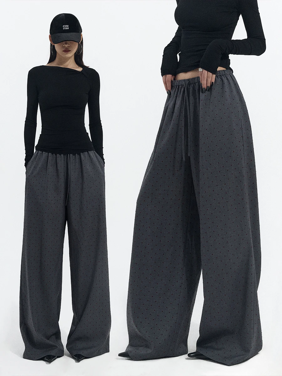 

Ourhour Retro Aosphere Wide Leg Casual Pants Women Winter Loose Elastic Waist Corded Cheered Polyester Fiber Ladies Trousers