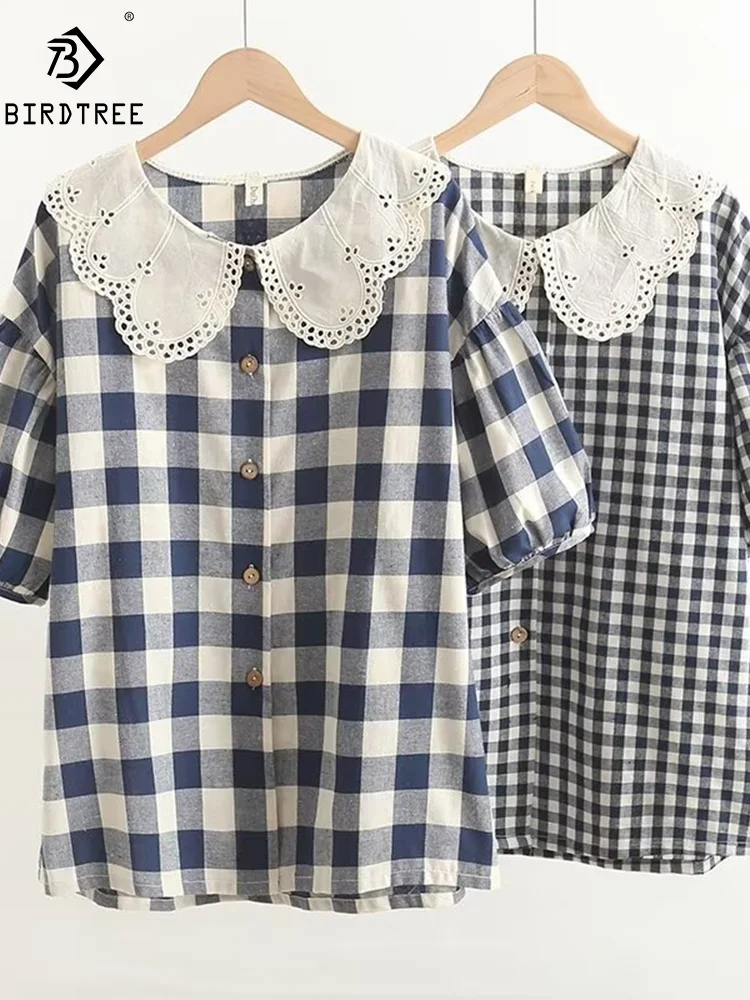 New Spring Cotton Sweet Shirt Women Short Sleeve Peter Pan Collar Plaid Tops Girl Fashion Casual Blouses 2024 Summer T45331QM