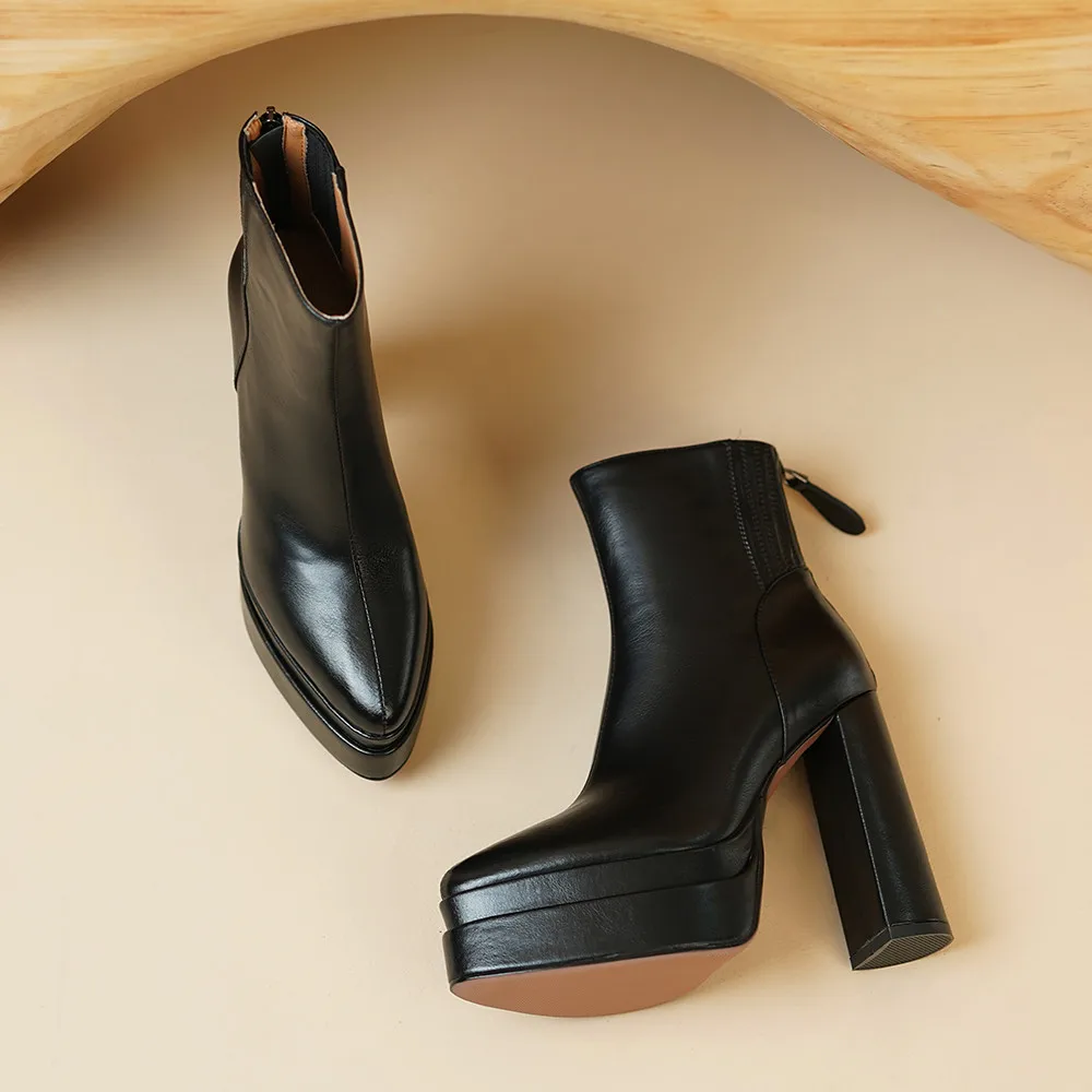Aucegi Black Brown Platform Thick High Heels Ankle Boots Women Autumn Winter New Arrival Luxury Pointed Toe Side Zip Footwear