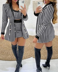 Fashion 3 Piece Set for Women 2023 Houndstooth Print Long Sleeve Shawl Collar Elegant Work Blazer Coat & Skirt Set with Crop Top