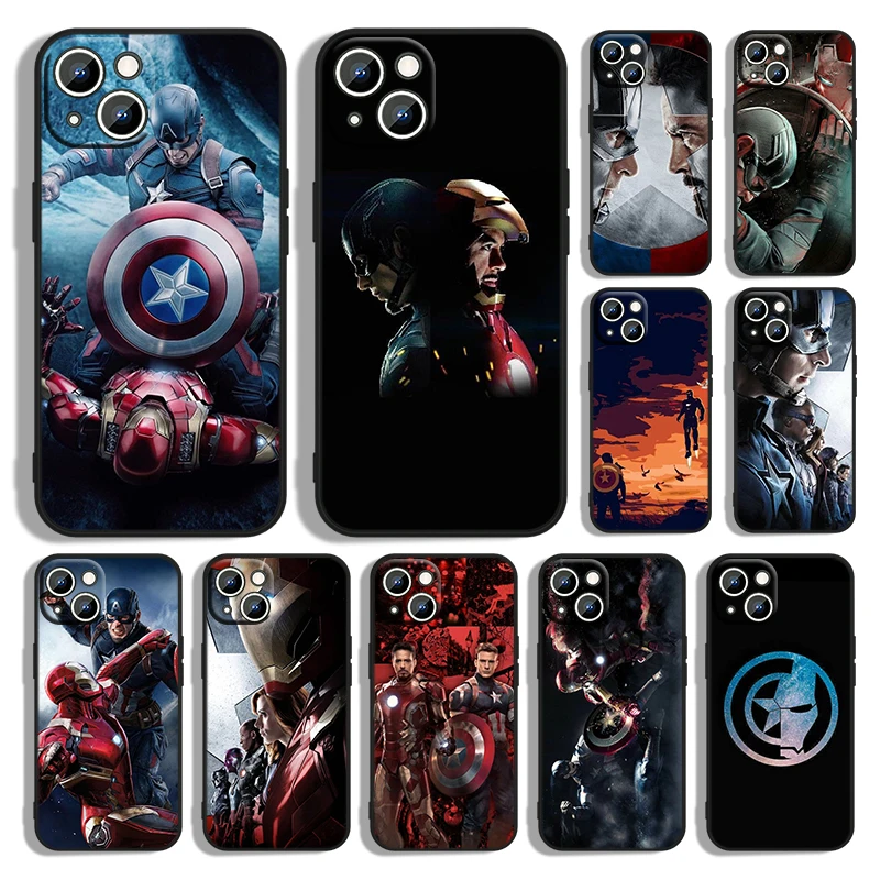 

Marvel Captain America Iron Man Phone Case For Apple iPhone 14 13 12 11 Pro Max mini XS XR X 8 7 6S 6 Plus Black Soft Back Cover