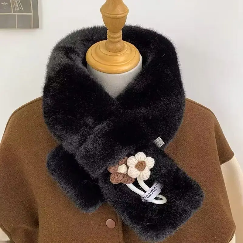 وشاح زهرة لطيف للنساء الشتاء رقيق الفراء الصليب الأوشحة بلون أفخم الدافئة منديل الفتيات الرقبة أدفأ